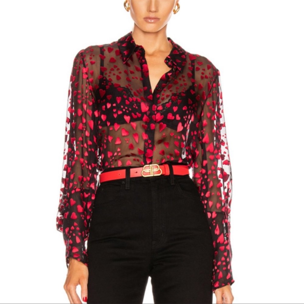 Saloni Joana Blouse Top Heart Print Sheer Shirt